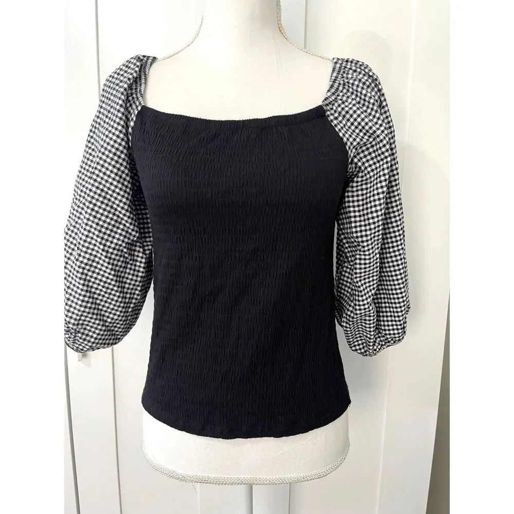 Who Wear What When Where Size S Black Top Gingham Puff Sleeve Anthropologie NWT